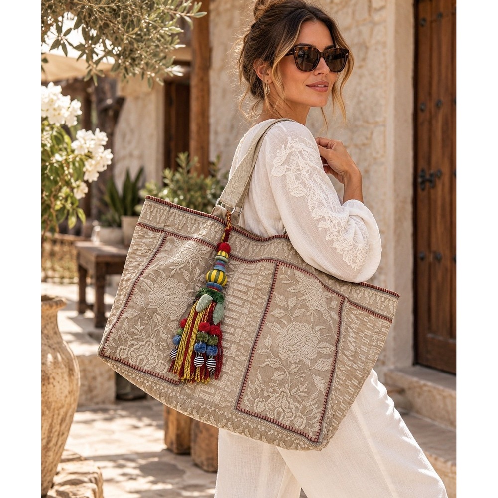 Johnny Was Embroidered Floral Jacquard Oversized Tote Bag Boho Beige